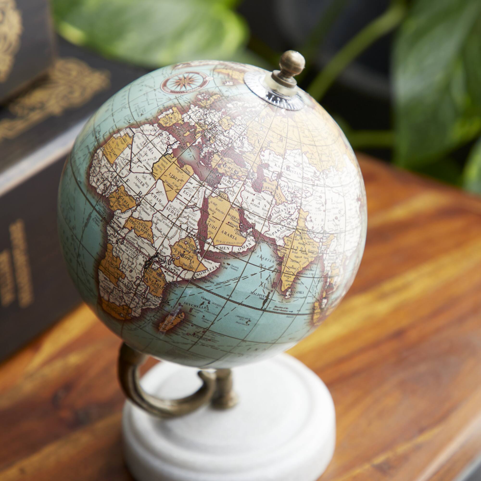 8" Aquamarine Marble & Wood Modern Globe